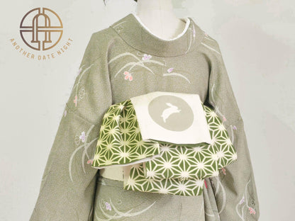 Japanese Obi Belt: Asanoha & Rabbit Pattern, Double Sided Polyester Hanhaba Obi