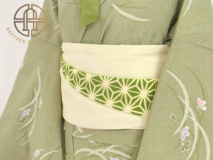 Japanese Obi Belt: Asanoha & Rabbit Pattern, Double Sided Polyester Hanhaba Obi