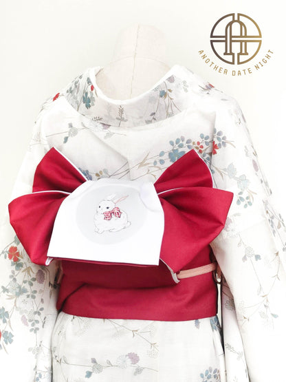 Rabbit & Sakura Hanhaba Obi Belt: Red Casual Kimono Obi