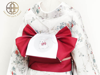 Rabbit & Sakura Hanhaba Obi Belt: Red Casual Kimono Obi