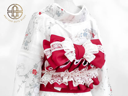 Rabbit & Sakura Hanhaba Obi Belt: Red Casual Kimono Obi
