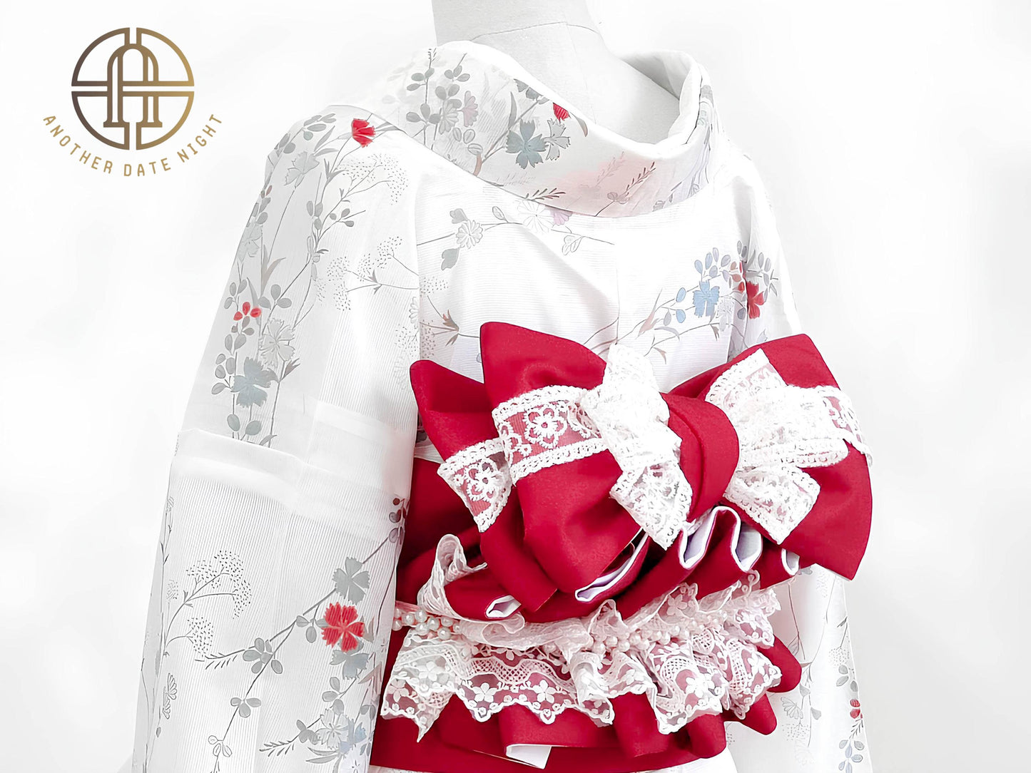 Rabbit & Sakura Hanhaba Obi Belt: Red Casual Kimono Obi