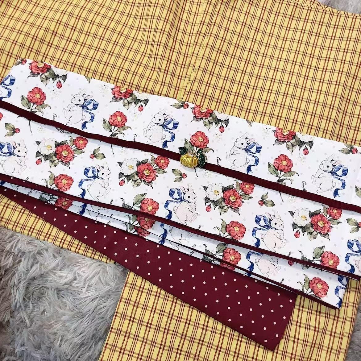 Camellia Rabbit Hanhaba Obi Belt: Red Polka Dot Kimono Sash