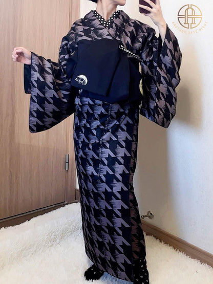 Skull Pattern Hanhaba Obi Belt+ Kuri Bird Kimono