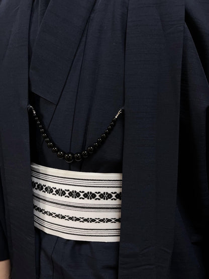 Black Agate Beaded Haori Himo: Men's Kimono Accessory