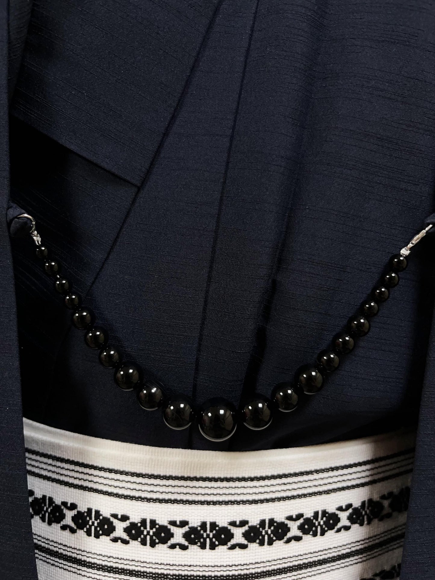 Black Agate Beaded Haori Himo: Men's Kimono Accessory