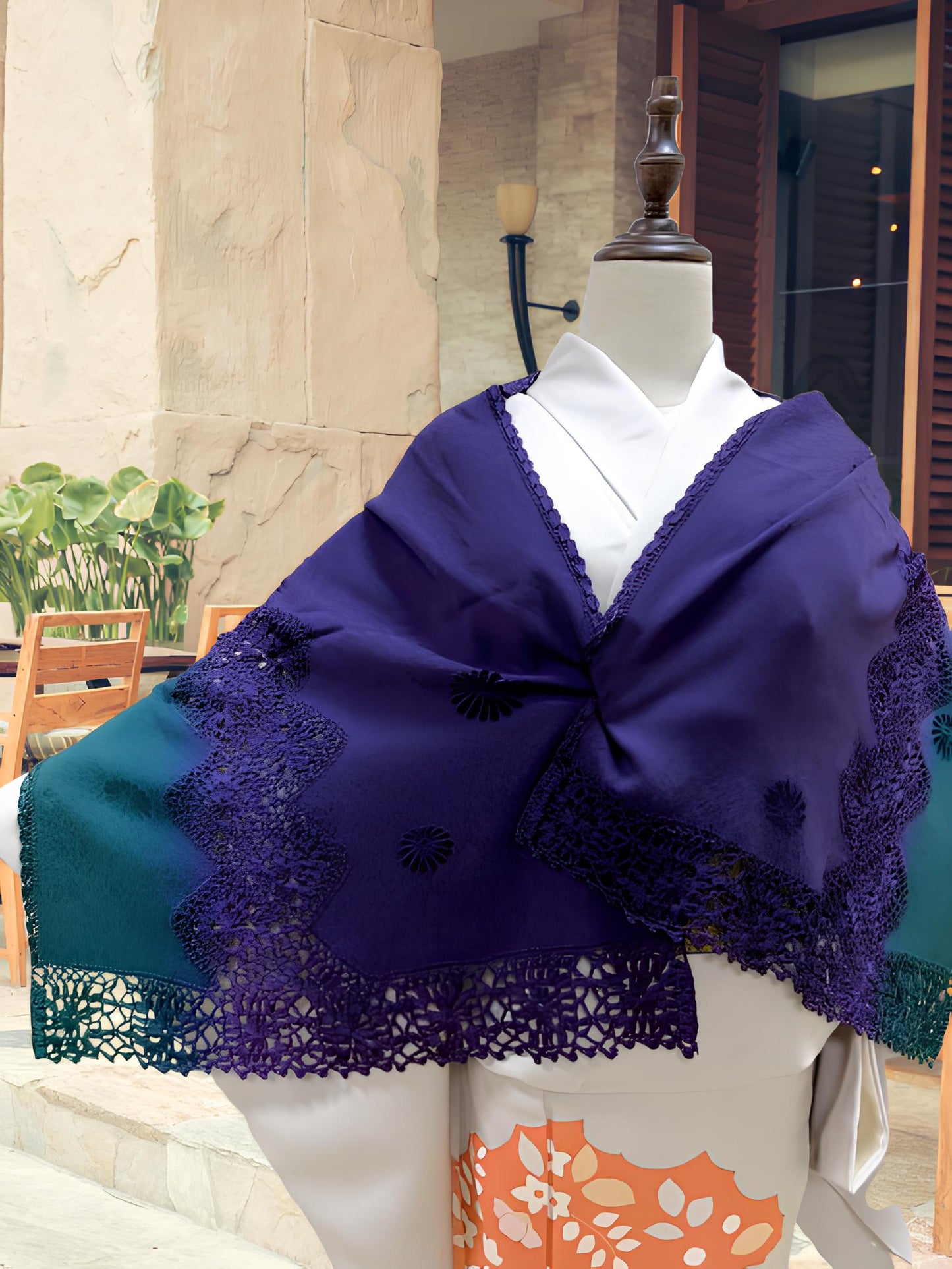 Women's Gradient Kimono Shawl: Crochet Trim Outwear-Set 1(B)