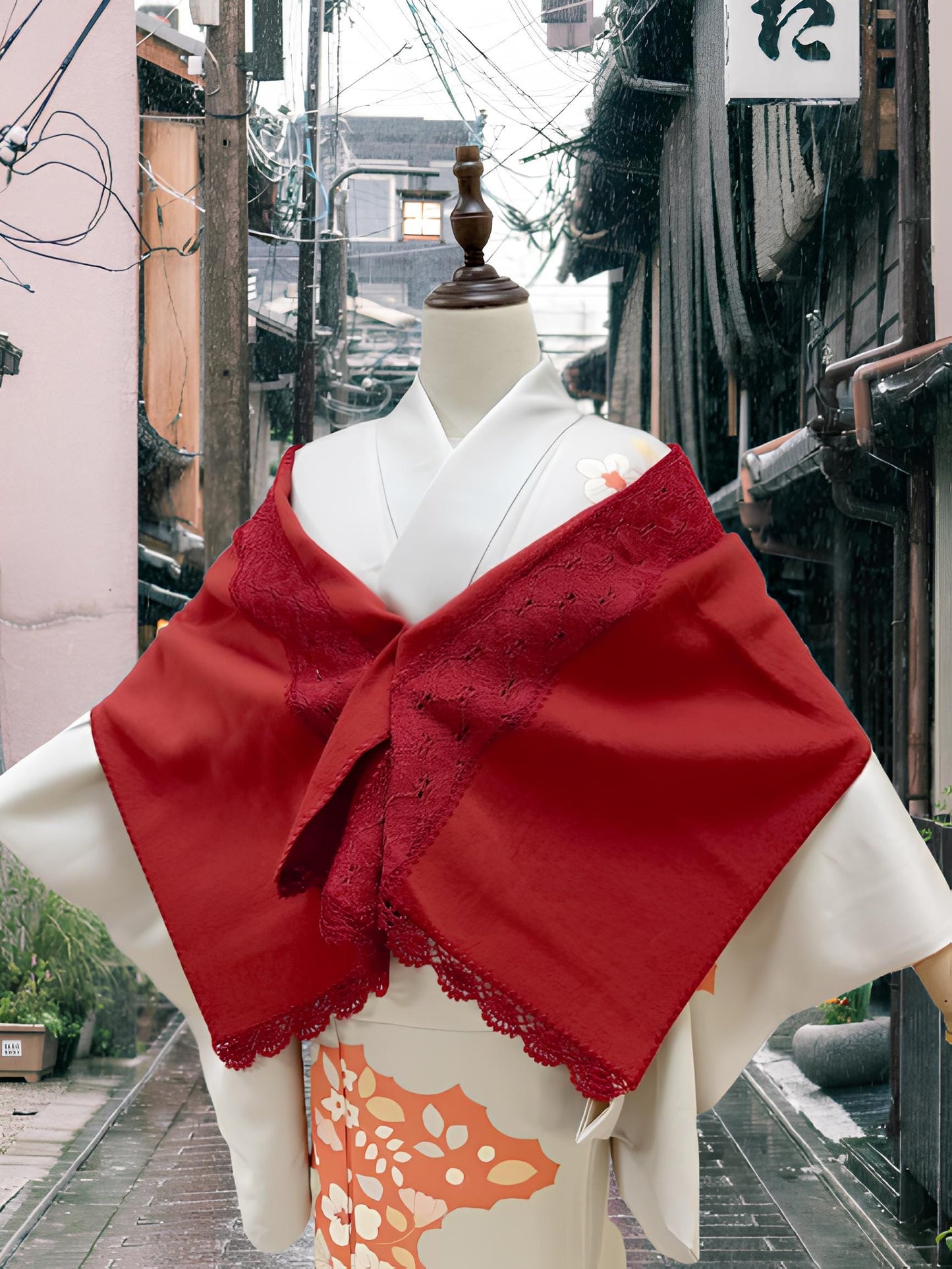 Red Lace Kimono Shawl: Creamy White Outwear Set- Set 2
