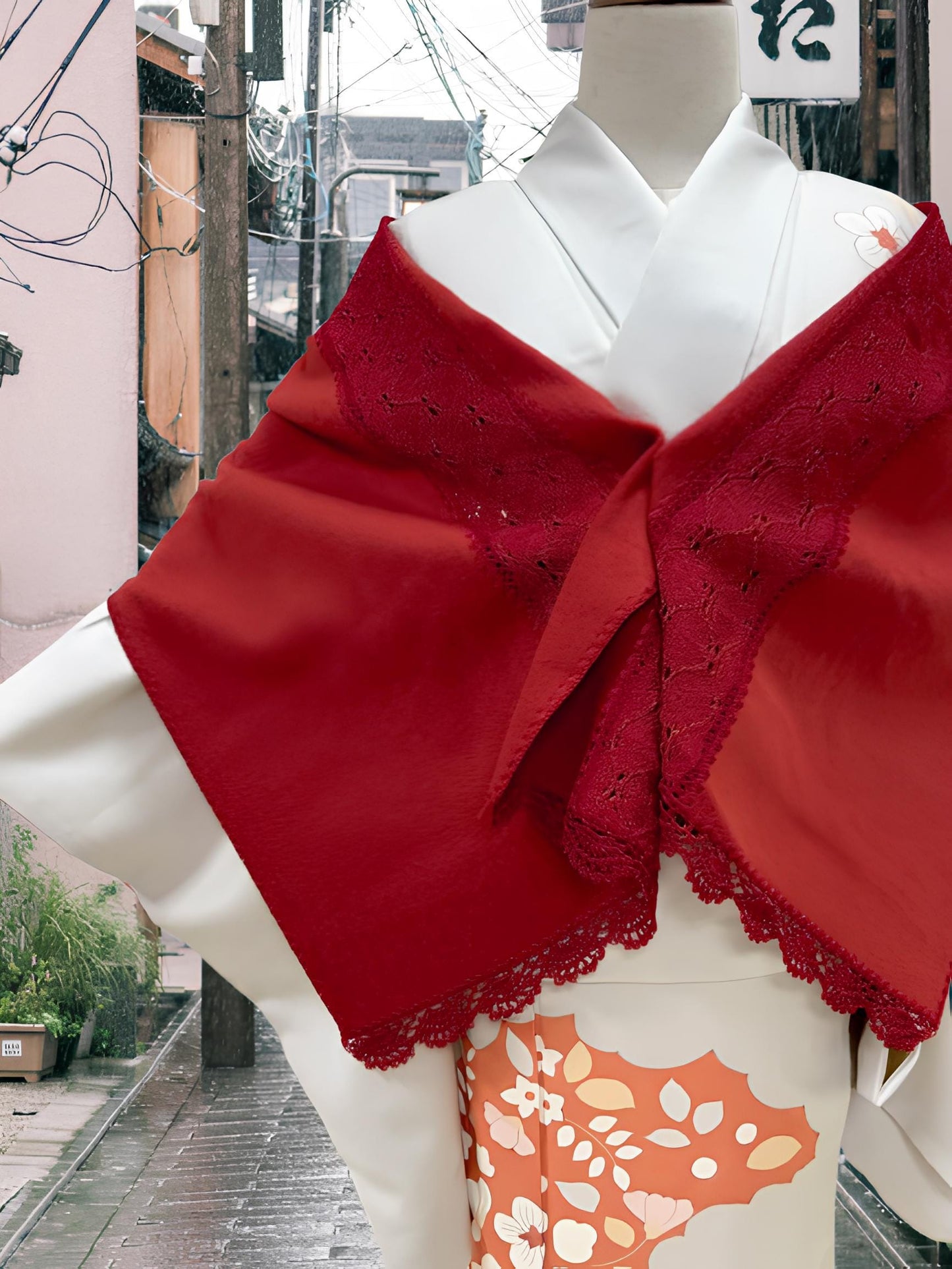 Red Lace Kimono Shawl: Creamy White Outwear Set- Set 2