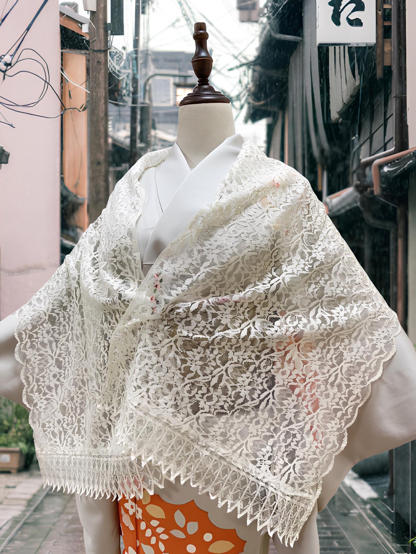 Red Lace Kimono Shawl: Creamy White Outwear Set- Set 2