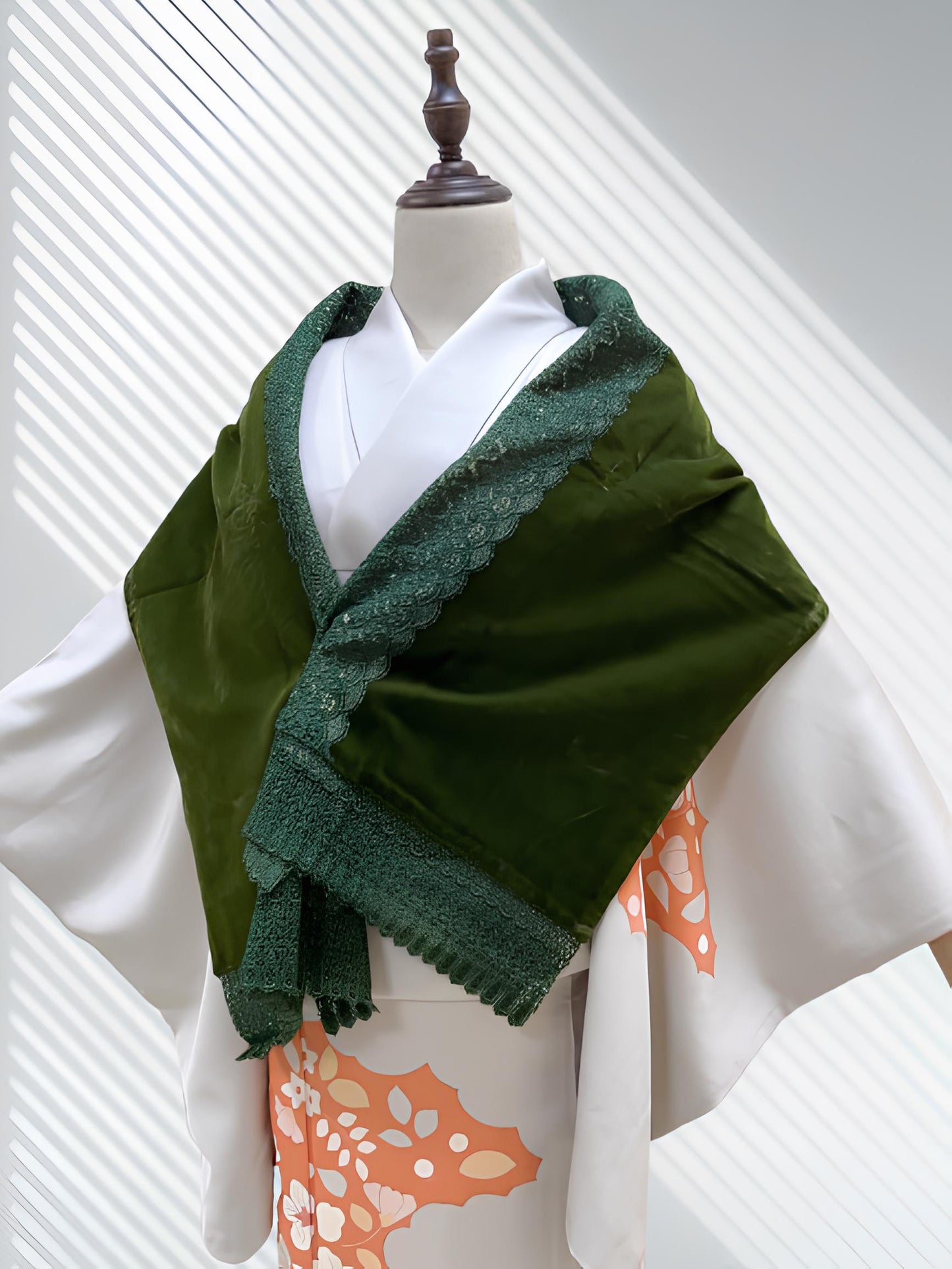 Green Velvet Kimono Shawl: Women's Lace Trim Outwear- Set 3F