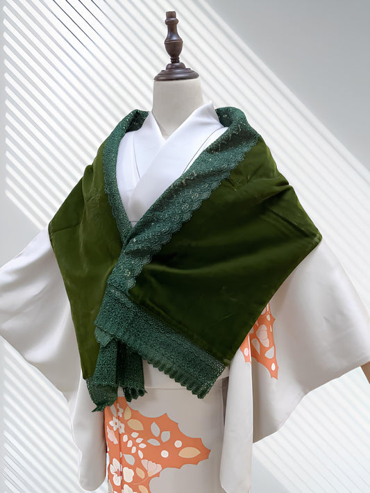 Green Velvet Kimono Shawl: Women's Lace Trim Outwear- Set 3F