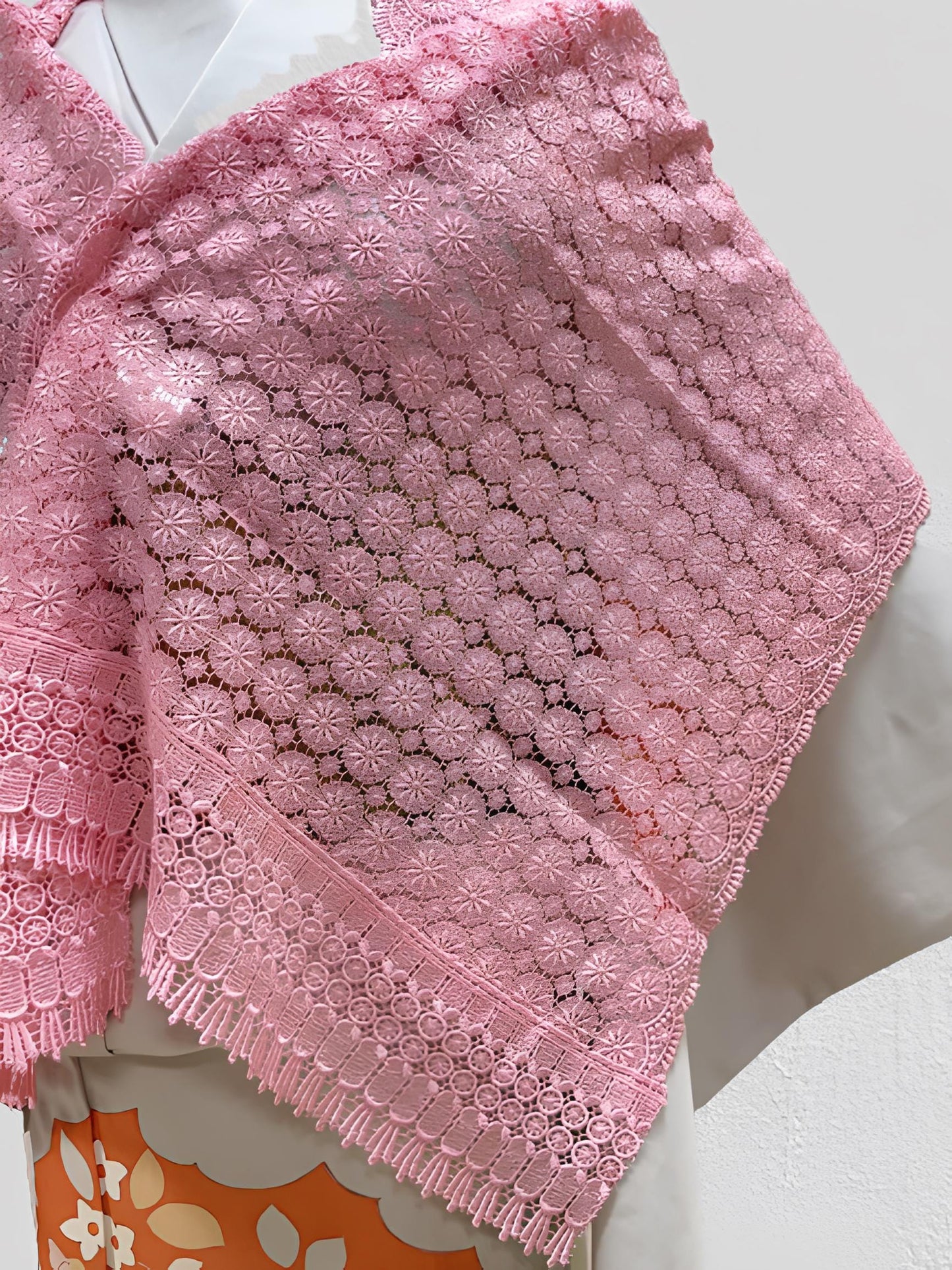 Pink Lace Kimono Shawl: Floral Outwear- Set 5A