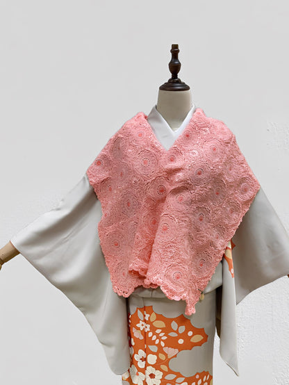 Pink Crochet Kimono Shawl: Floral Lace Outwear- Set 4B