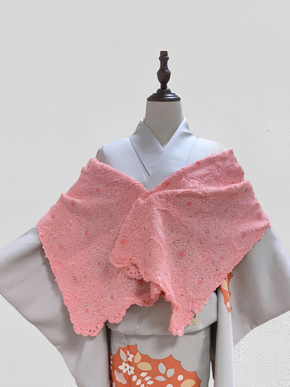 Pink Crochet Kimono Shawl: Floral Lace Outwear- Set 4B