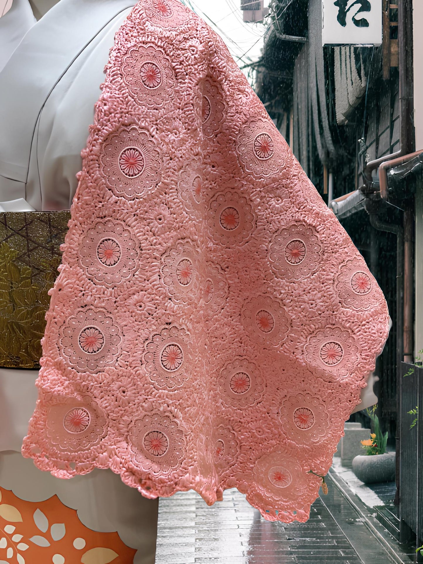 Pink Crochet Kimono Shawl: Floral Lace Outwear- Set 4B