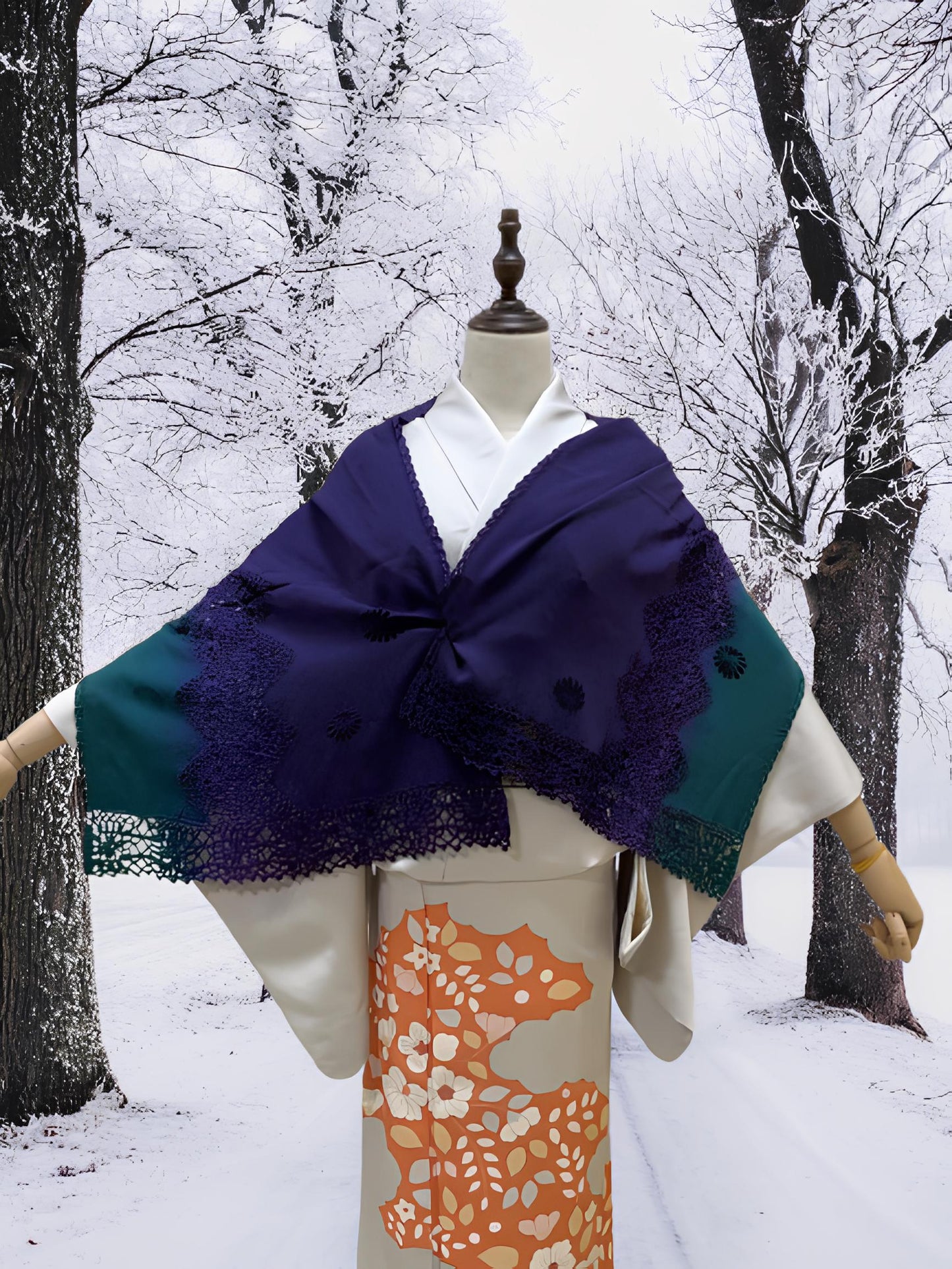 Women's Gradient Kimono Shawl: Crochet Trim Outwear-Set 1(B)