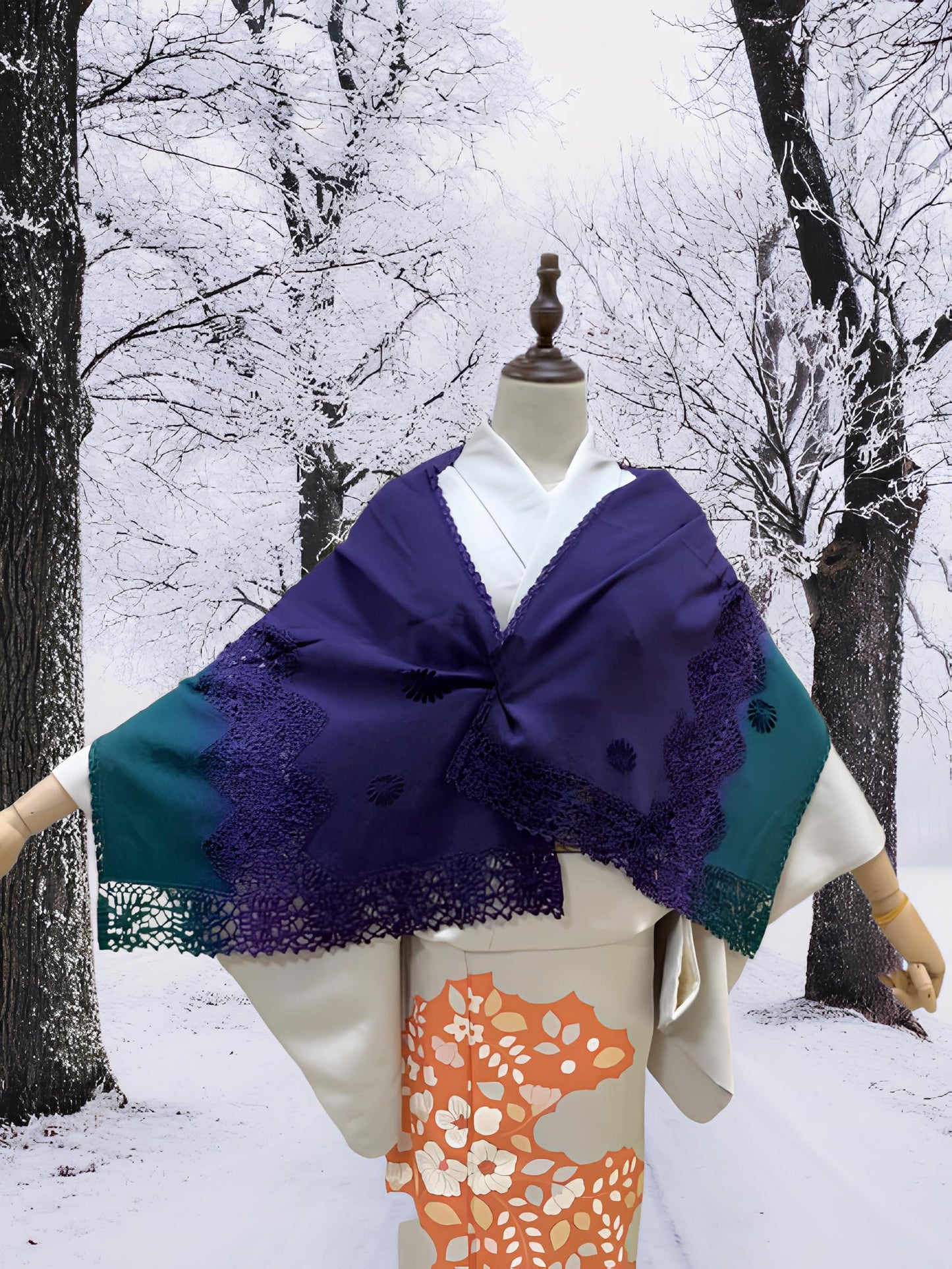 Women's Gradient Kimono Shawl: Crochet Trim Outwear-Set 1(B)