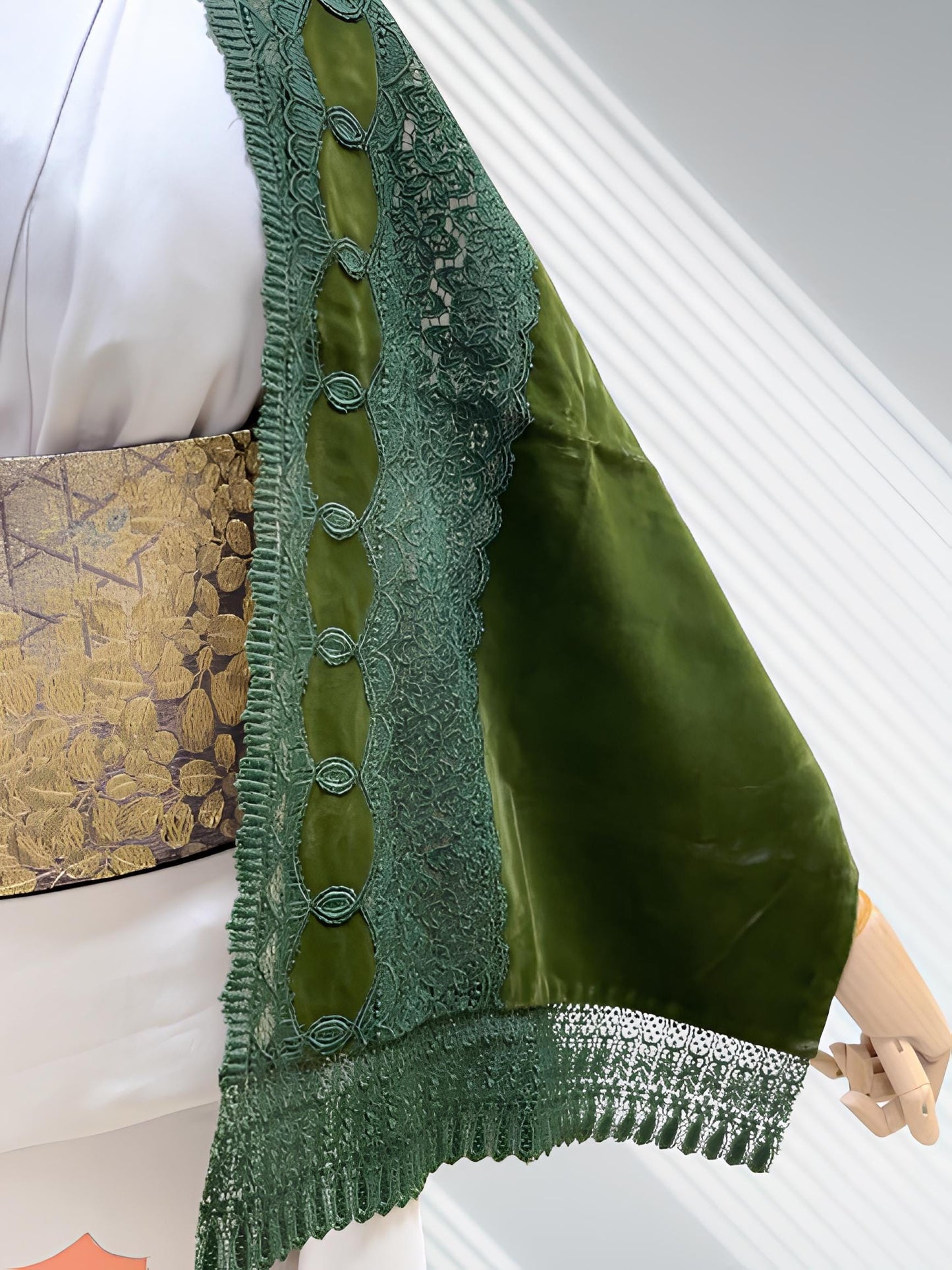 Green Velvet Kimono Shawl: Women's Lace Trim Outwear- Set 3F