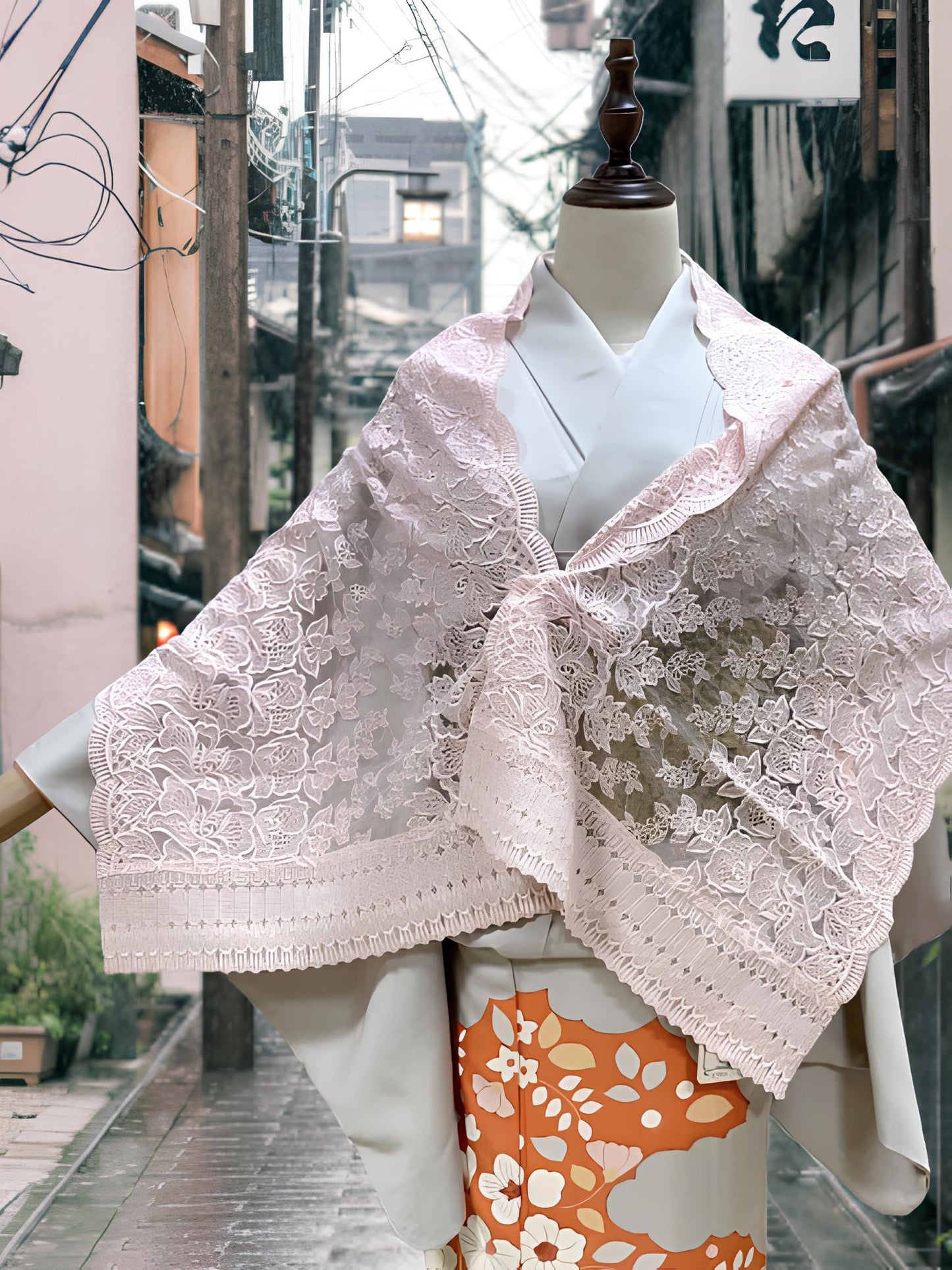 Pink Lace Kimono Shawl - Floral Outwear - Set 6D