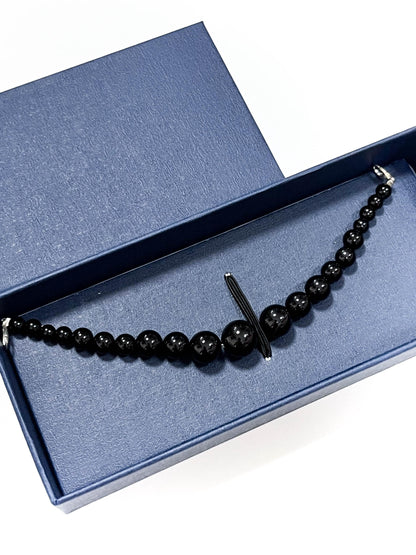 Black Agate Beaded Haori Himo: Men's Kimono Accessory