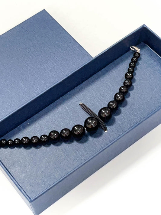 Black Agate Beaded Haori Himo: Men's Kimono Accessory