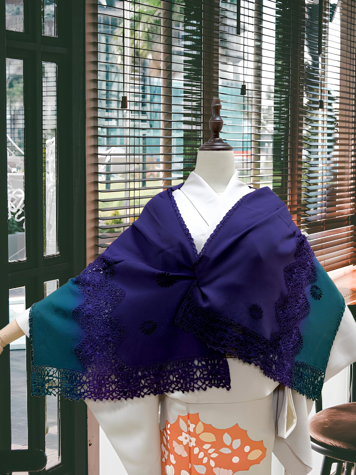 Women's Gradient Kimono Shawl: Crochet Trim Outwear-Set 1(B)