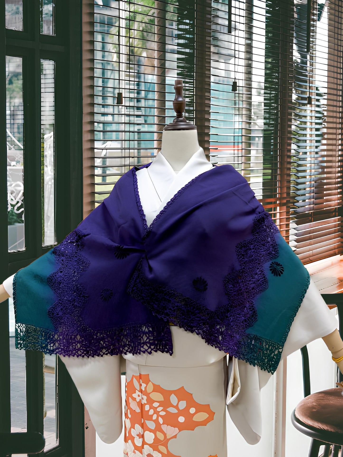 Women's Gradient Kimono Shawl: Crochet Trim Outwear-Set 1(B)