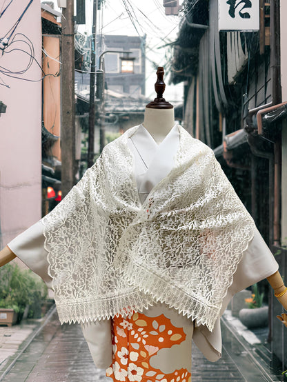 Red Lace Kimono Shawl: Creamy White Outwear Set- Set 2