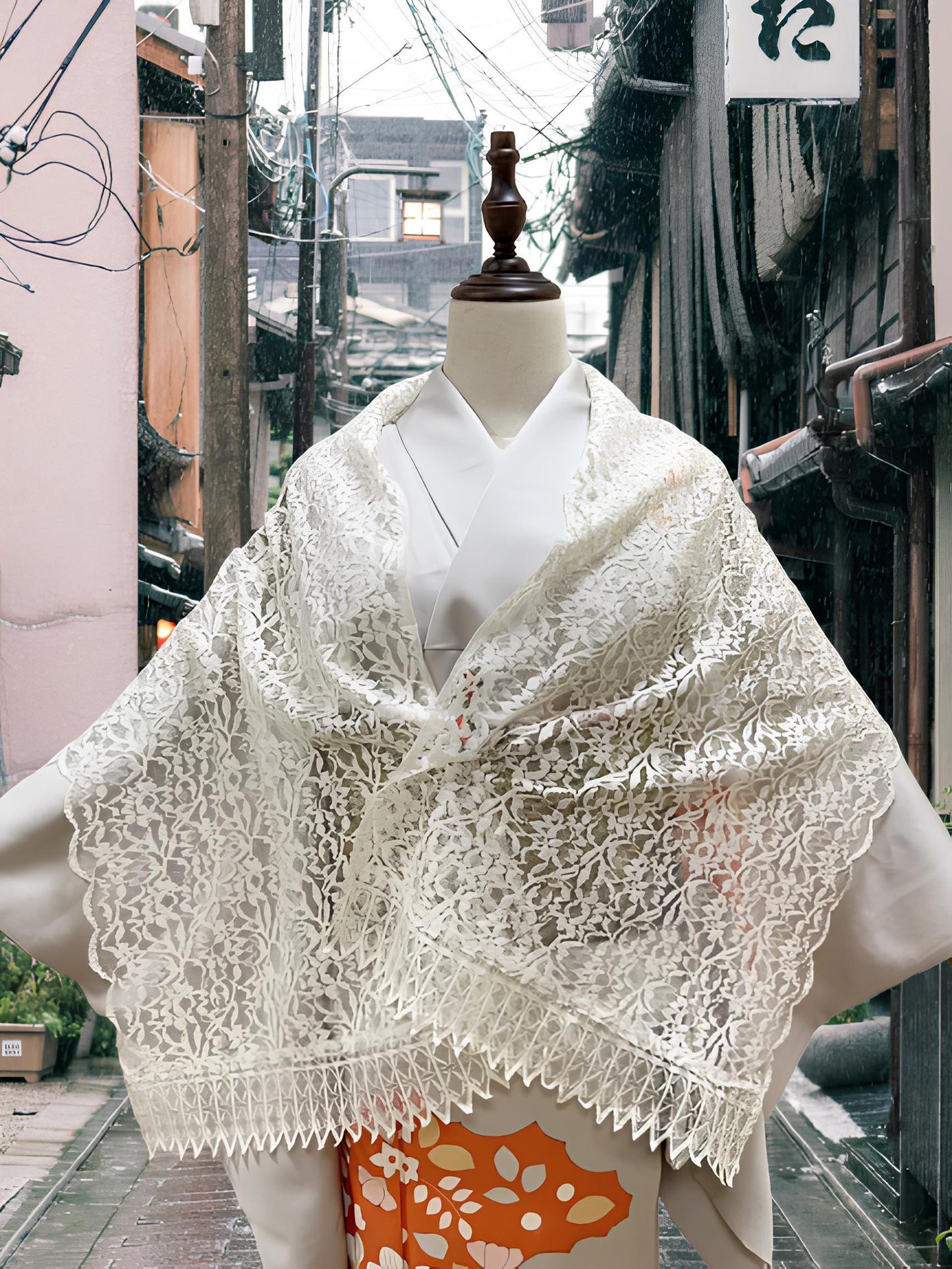 Red Lace Kimono Shawl: Creamy White Outwear Set- Set 2