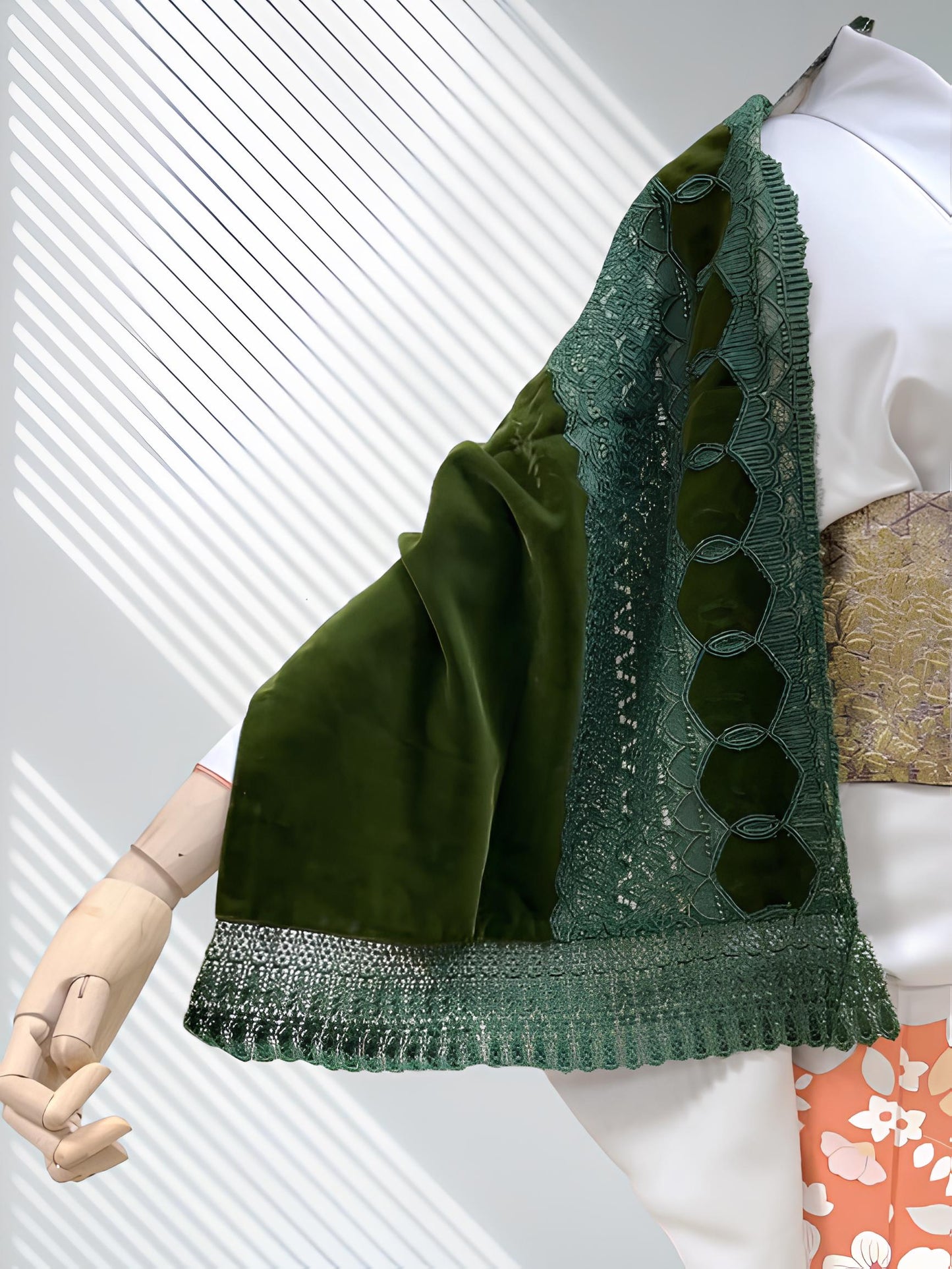 Green Velvet Kimono Shawl: Women's Lace Trim Outwear- Set 3F