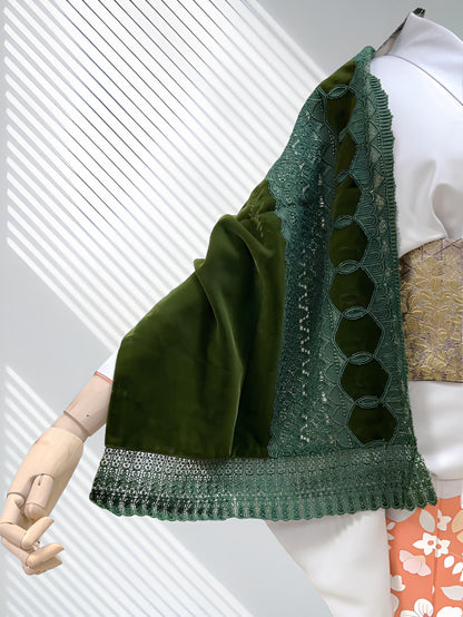 Green Velvet Kimono Shawl: Women's Lace Trim Outwear- Set 3F