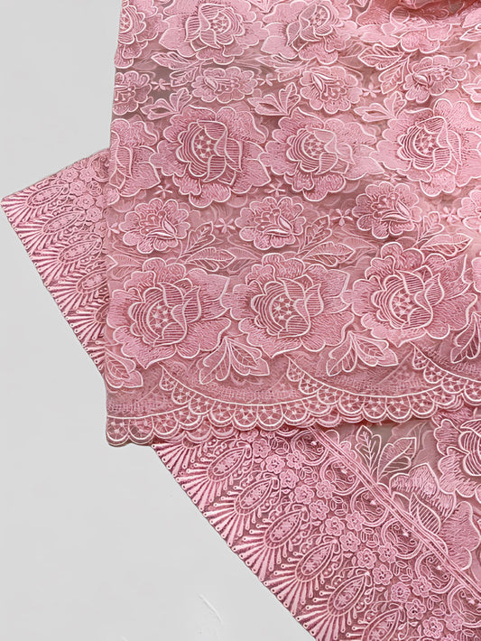 Pink Rose Lace Kimono Shawl, Floral Pattern Kimono Outwear, Set 6A