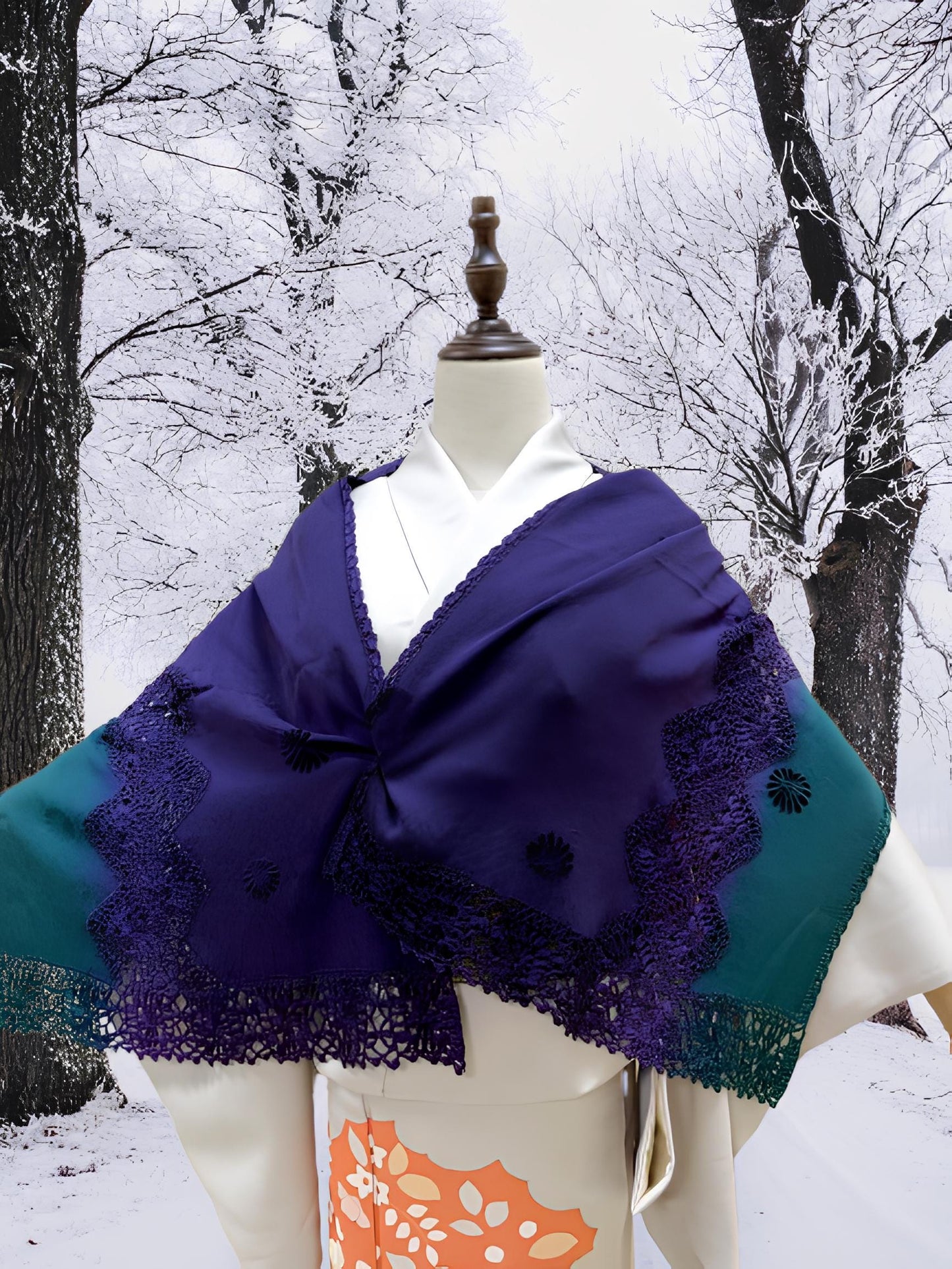Women's Gradient Kimono Shawl: Crochet Trim Outwear-Set 1(B)
