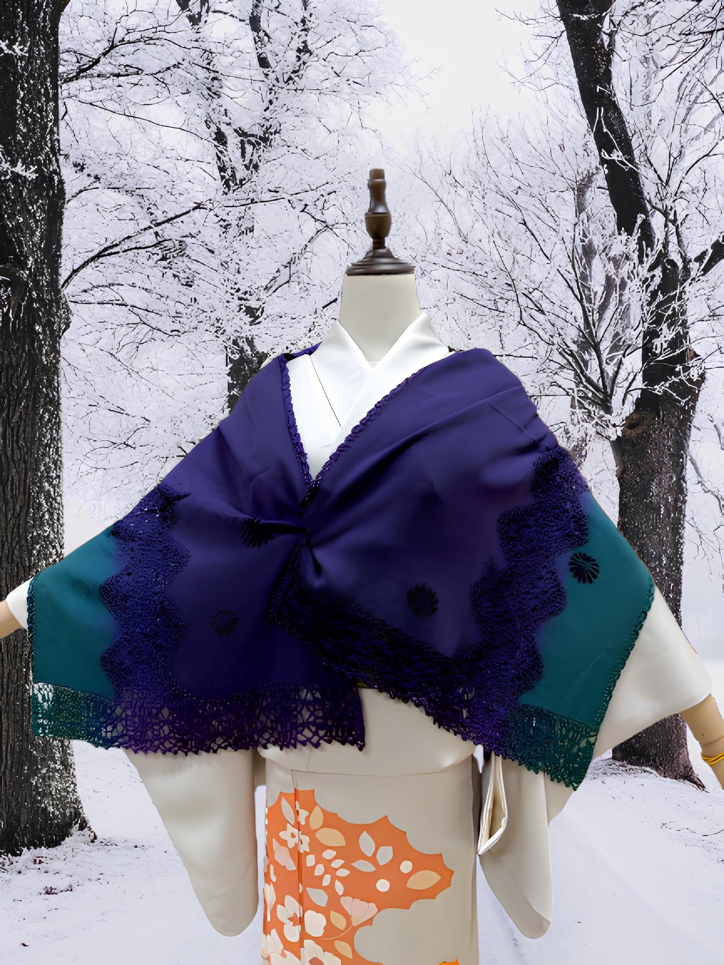 Women's Gradient Kimono Shawl: Crochet Trim Outwear-Set 1(B)