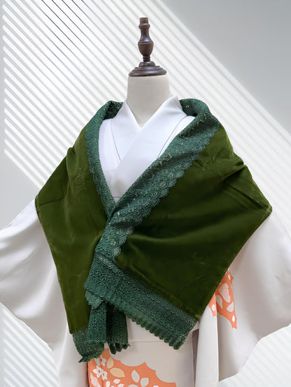 Green Velvet Kimono Shawl: Women's Lace Trim Outwear- Set 3F