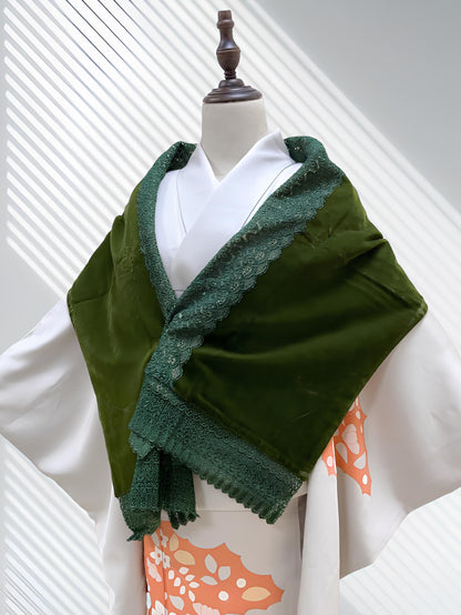 Green Velvet Kimono Shawl: Women's Lace Trim Outwear- Set 3F