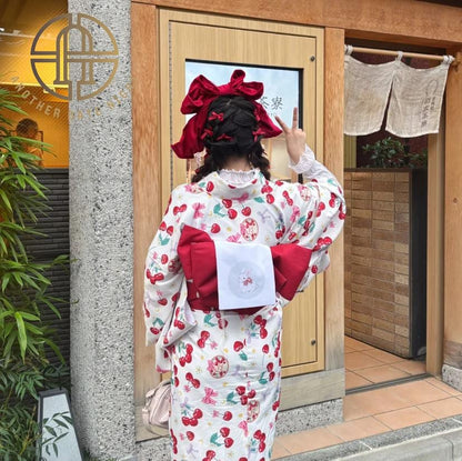 Rabbit & Sakura Hanhaba Obi Belt: Red Casual Kimono Obi