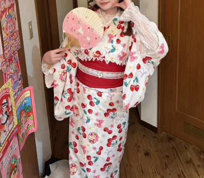 Rabbit & Sakura Hanhaba Obi Belt: Red Casual Kimono Obi