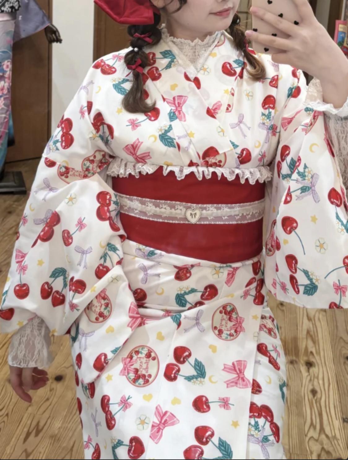 Rabbit & Sakura Hanhaba Obi Belt: Red Casual Kimono Obi