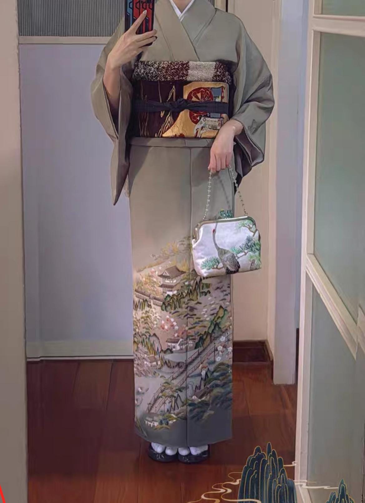 Rank A Vintage Iro Tomesode Kimono (3 kamons, family crests) with Nagoya Obi