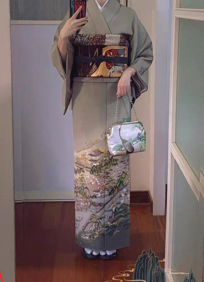 Rank A Vintage Iro Tomesode Kimono (3 kamons, family crests) with Nagoya Obi