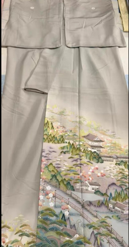 Rank A Vintage Iro Tomesode Kimono (3 kamons, family crests) with Nagoya Obi
