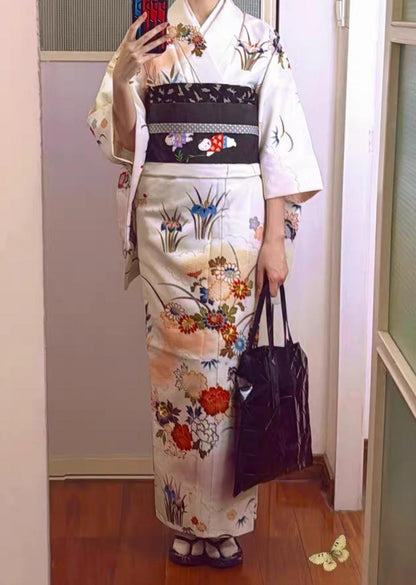 Rank A Vintage Iro Tomesode Kimono (3 kamons, family crests) with Nagoya Obi