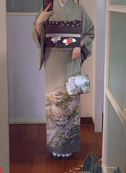 Rank A Vintage Iro Tomesode Kimono (3 kamons, family crests) with Nagoya Obi