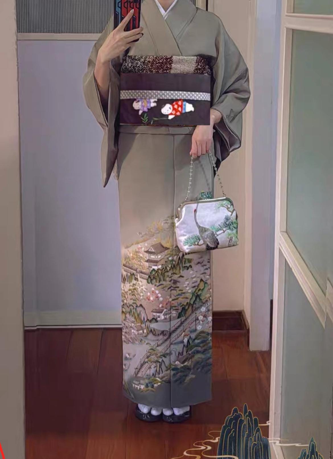 Rank A Vintage Iro Tomesode Kimono (3 kamons, family crests) with Nagoya Obi