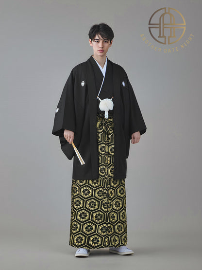 Black & Gold Men's Hakama Pants: Japanese Kimono, Formal Wear