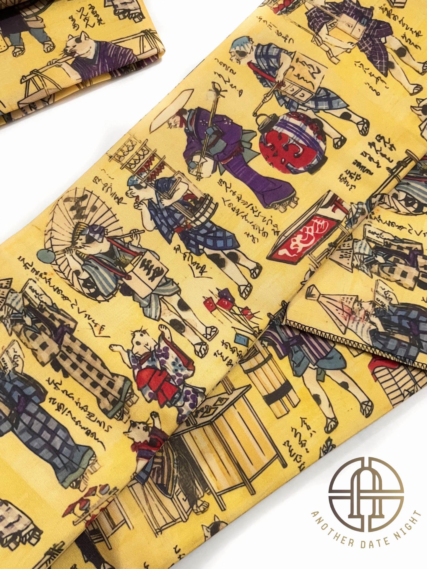 Ukiyo-e Cat Pre-Tied Kimono Belt: Nagoya Obi, Taiko Drum Knot