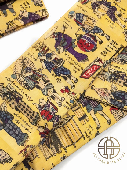 Ukiyo-e Cat Pre-Tied Kimono Belt: Nagoya Obi, Taiko Drum Knot