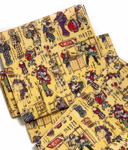 Ukiyo-e Cat Pre-Tied Kimono Belt: Nagoya Obi, Taiko Drum Knot